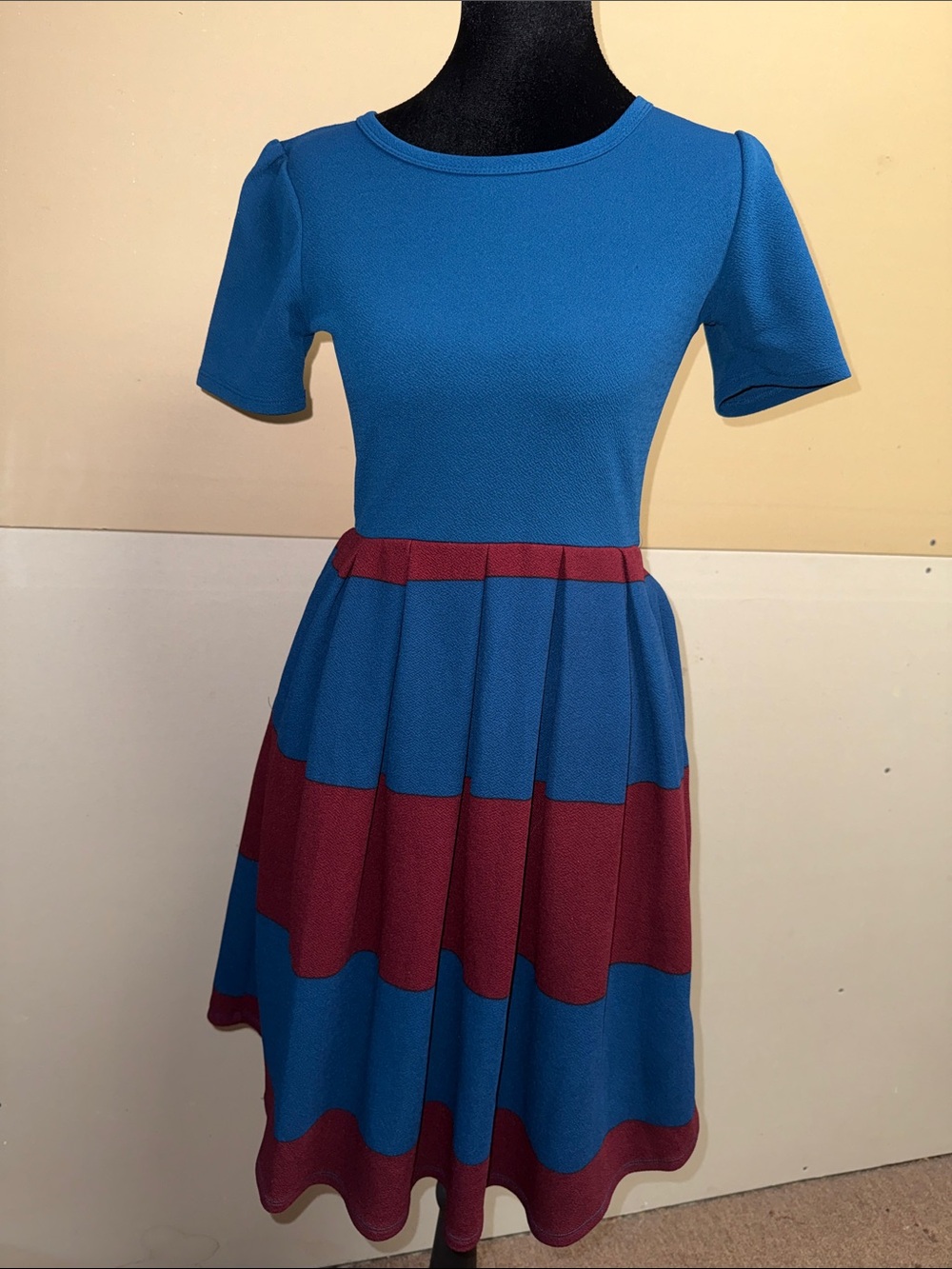 LuLaRoe Blue and Burgundy Amelia Striped Fit-and-Flare Midi Dress with Pockets